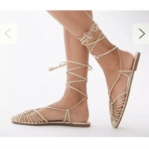 Anthropologie Mariko White Woven Ankle-Tie Flats‎ Size 40